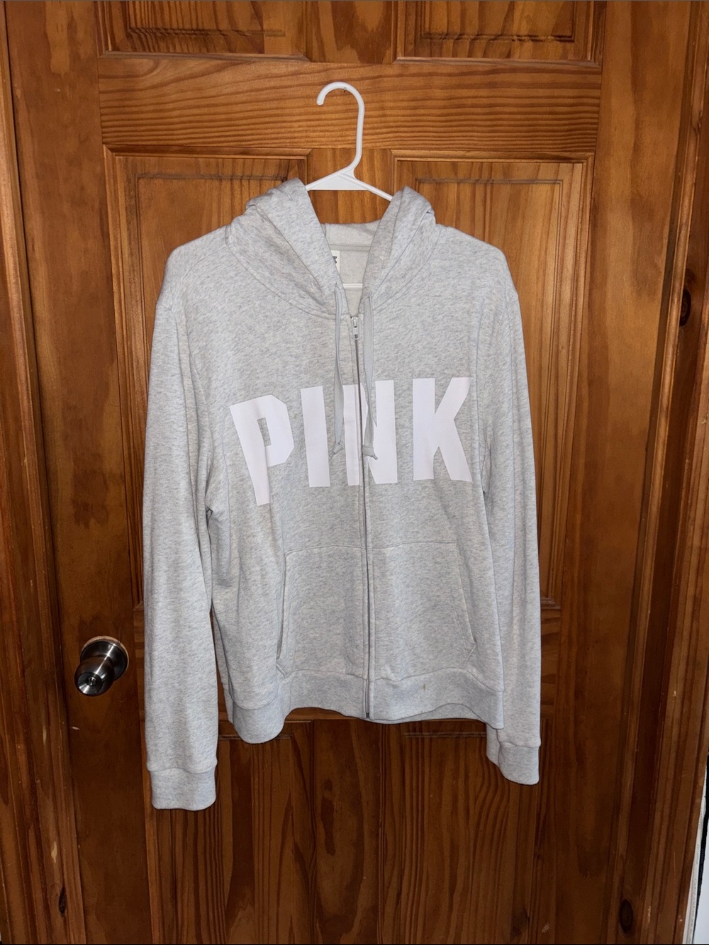 PINK Victoria's Secret Heather Gray Zip-Up Hoodie with White Logo